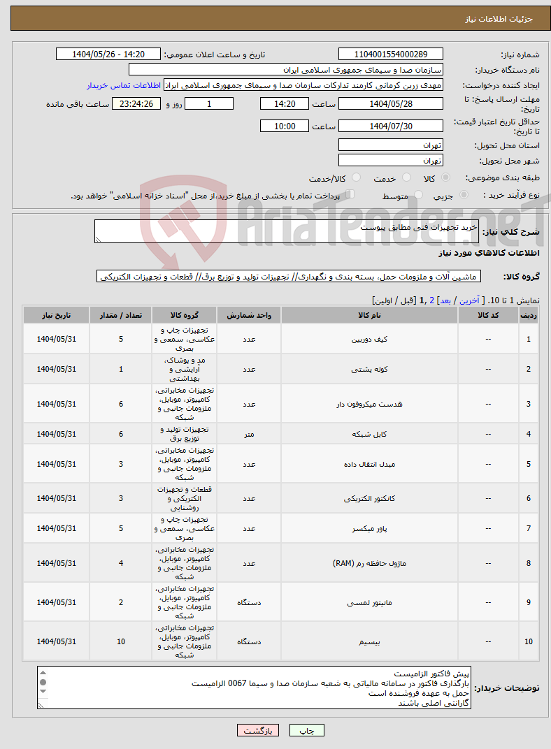 تصویر کوچک آگهی نیاز انتخاب تامین کننده-خرید تجهیزات فنی مطابق پیوست