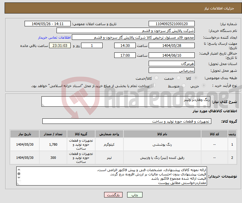 تصویر کوچک آگهی نیاز انتخاب تامین کننده-رنگ وهاردنر وتینر