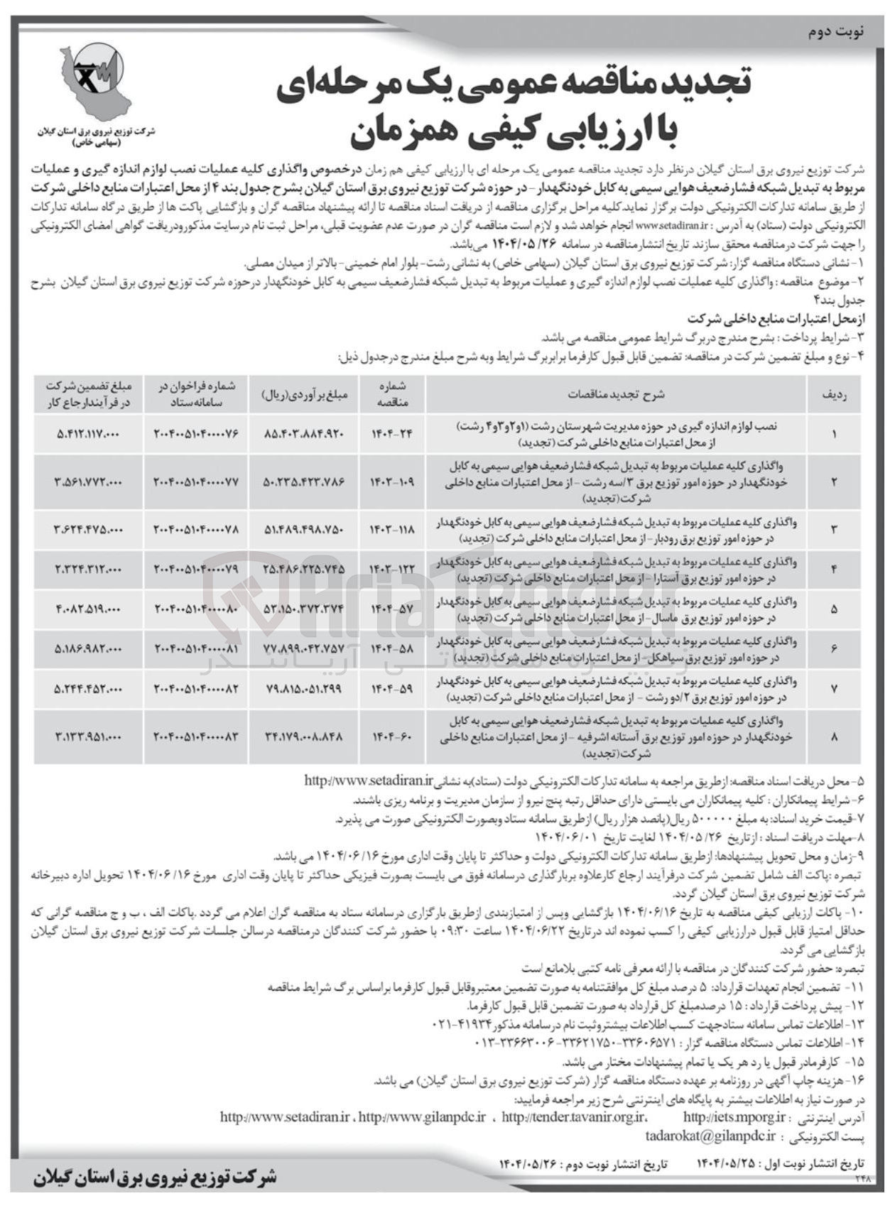 تصویر کوچک آگهی واگذاری کلیه عملیات مربوط به تبدیل شبکه فشار ضعیف هوایی سیمی به کابل خودنگهدار در حوزه امور توزیع برق