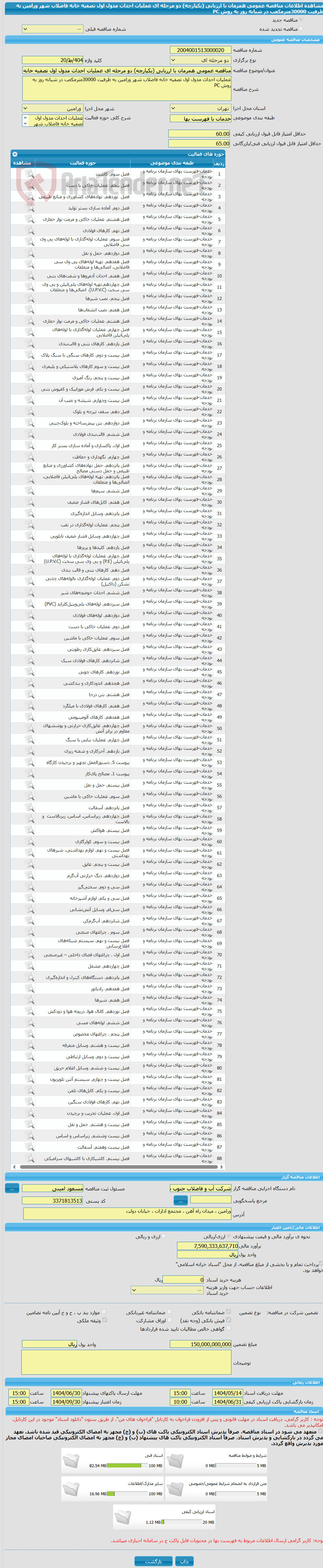 تصویر کوچک آگهی مناقصه عمومی همزمان با ارزیابی (یکپارچه) دو مرحله ای عملیات احداث مدول اول تصفیه خانه فاضلاب شهر ورامین به ظرفیت 30000مترمکعب در شبانه روز به روش PC