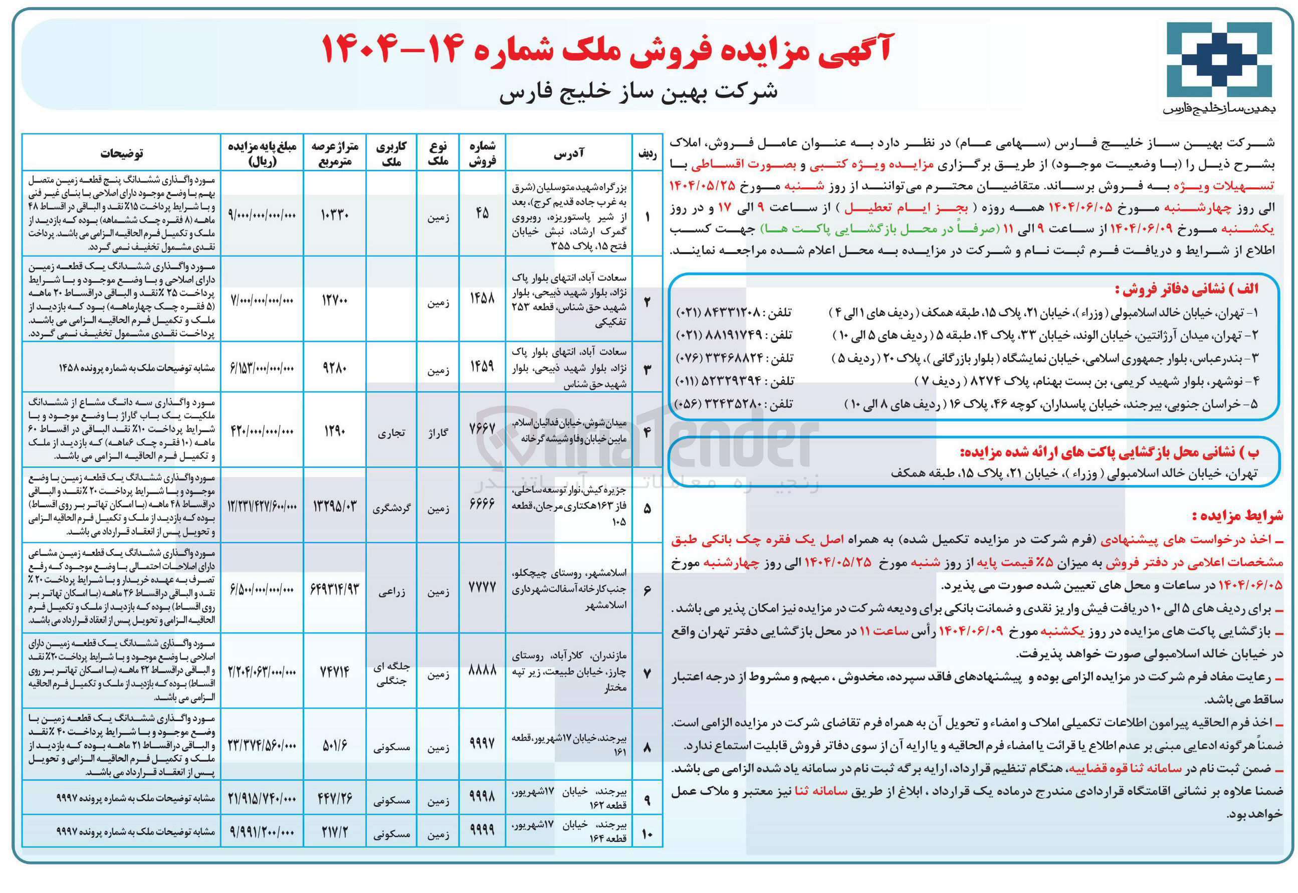 تصویر کوچک آگهی فروش املاک در 10 ردیف در شهر های تهران - بیرجند - اسلامشهر - کیش - مازندران و با کاربری تجاری - گردشگری - زراعی - جنگلی - مسکونی