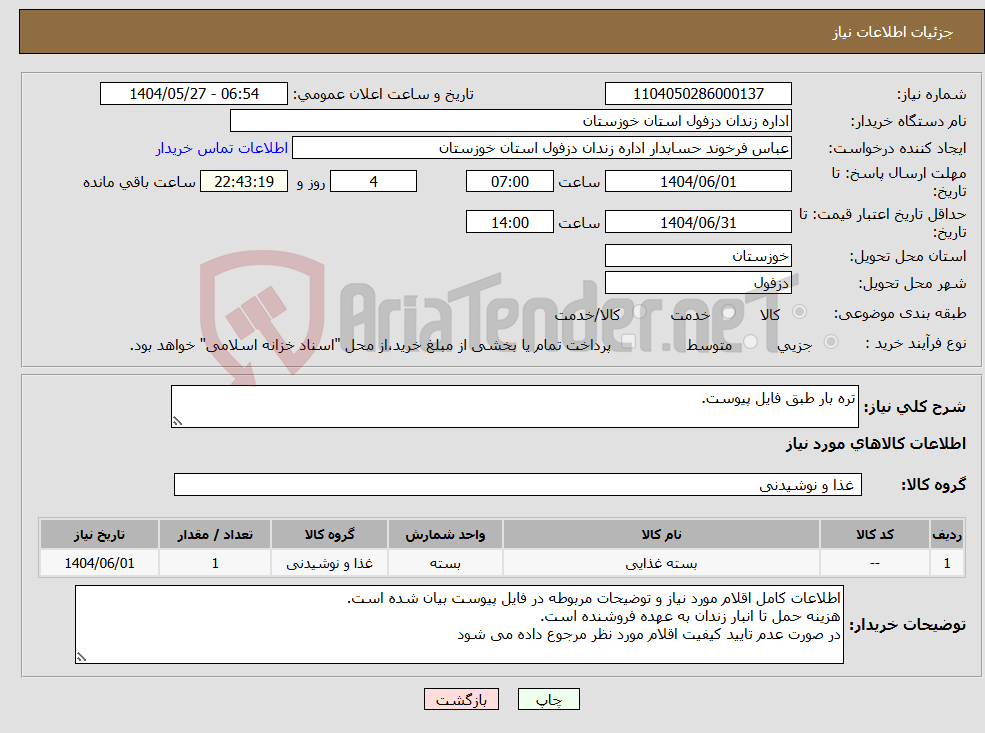 تصویر کوچک آگهی نیاز انتخاب تامین کننده-تره بار طبق فایل پیوست.