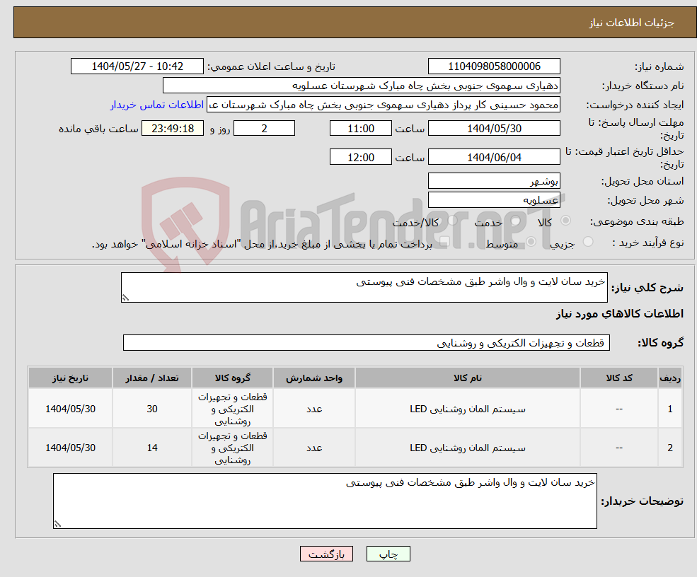 تصویر کوچک آگهی نیاز انتخاب تامین کننده-خرید سان لایت و وال واشر طبق مشخصات فنی پیوستی