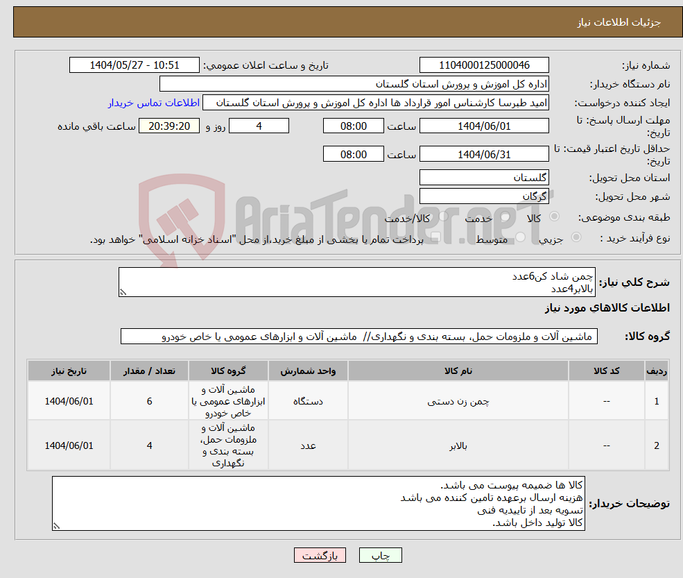 تصویر کوچک آگهی نیاز انتخاب تامین کننده-چمن شاد کن6عدد بالابر4عدد