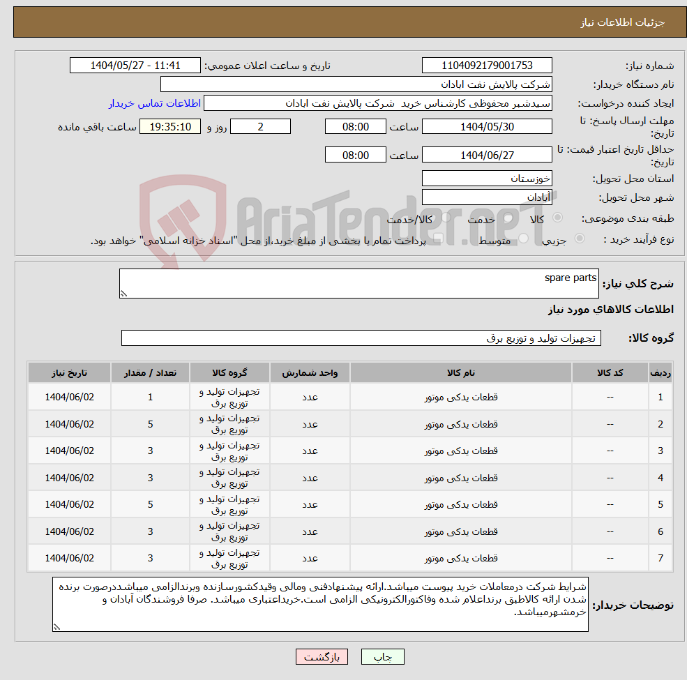 تصویر کوچک آگهی نیاز انتخاب تامین کننده-spare parts