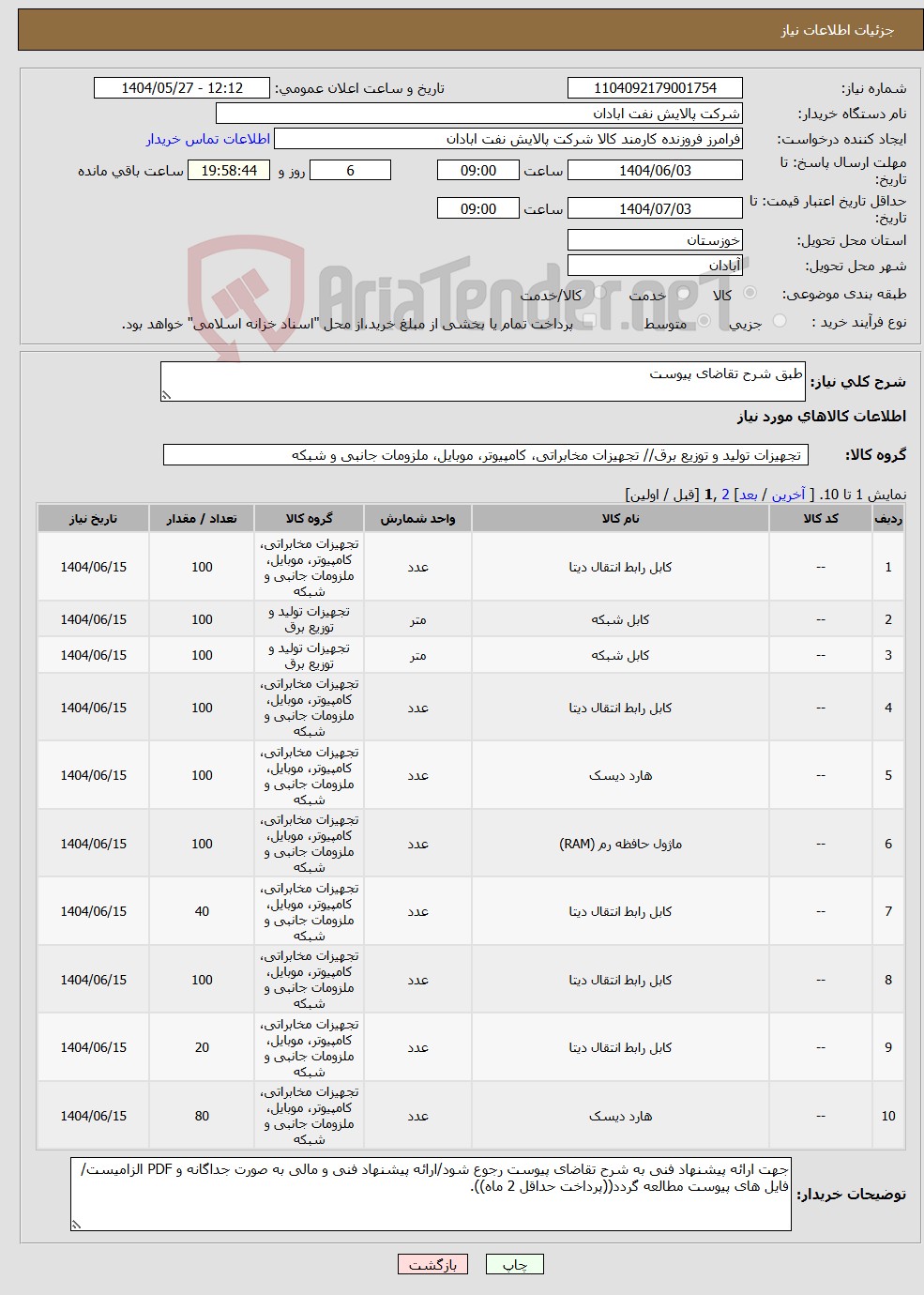 تصویر کوچک آگهی نیاز انتخاب تامین کننده-طبق شرح تقاضای پیوست
