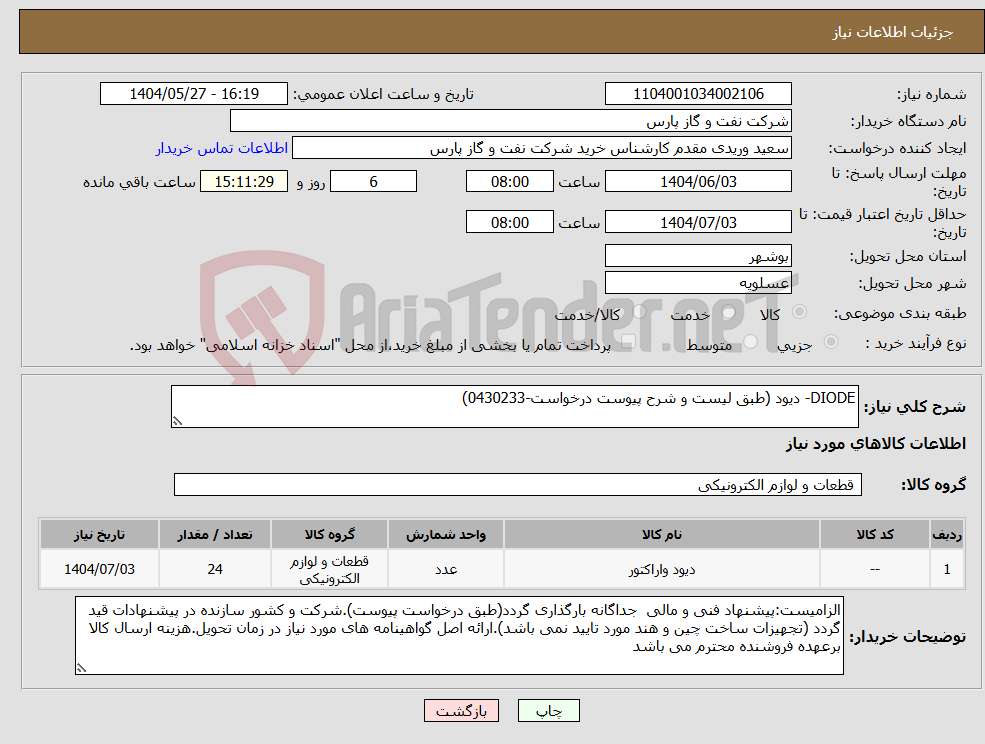 تصویر کوچک آگهی نیاز انتخاب تامین کننده-DIODE- دیود (طبق لیست و شرح پیوست درخواست-0430233)