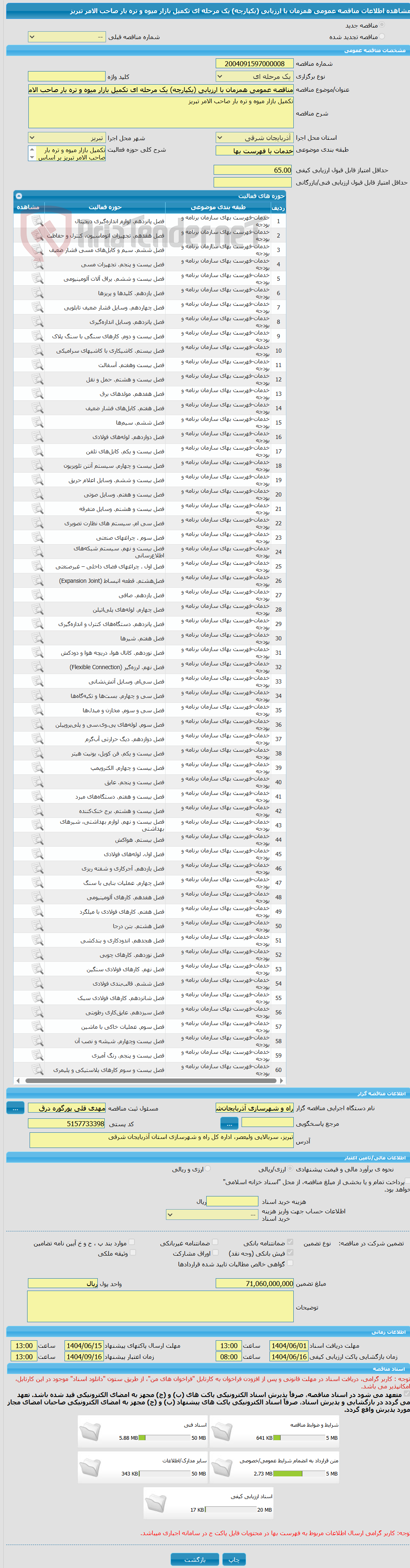 تصویر کوچک آگهی مناقصه عمومی همزمان با ارزیابی (یکپارچه) یک مرحله ای تکمیل بازار میوه و تره بار صاحب الامر تبریز