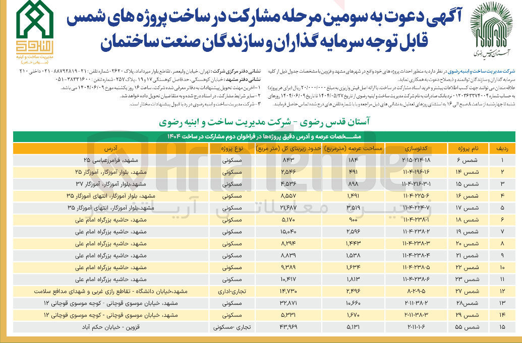 تصویر کوچک آگهی مشارکت در ساخت پروژه شمس 17 با کاربری مسکونی