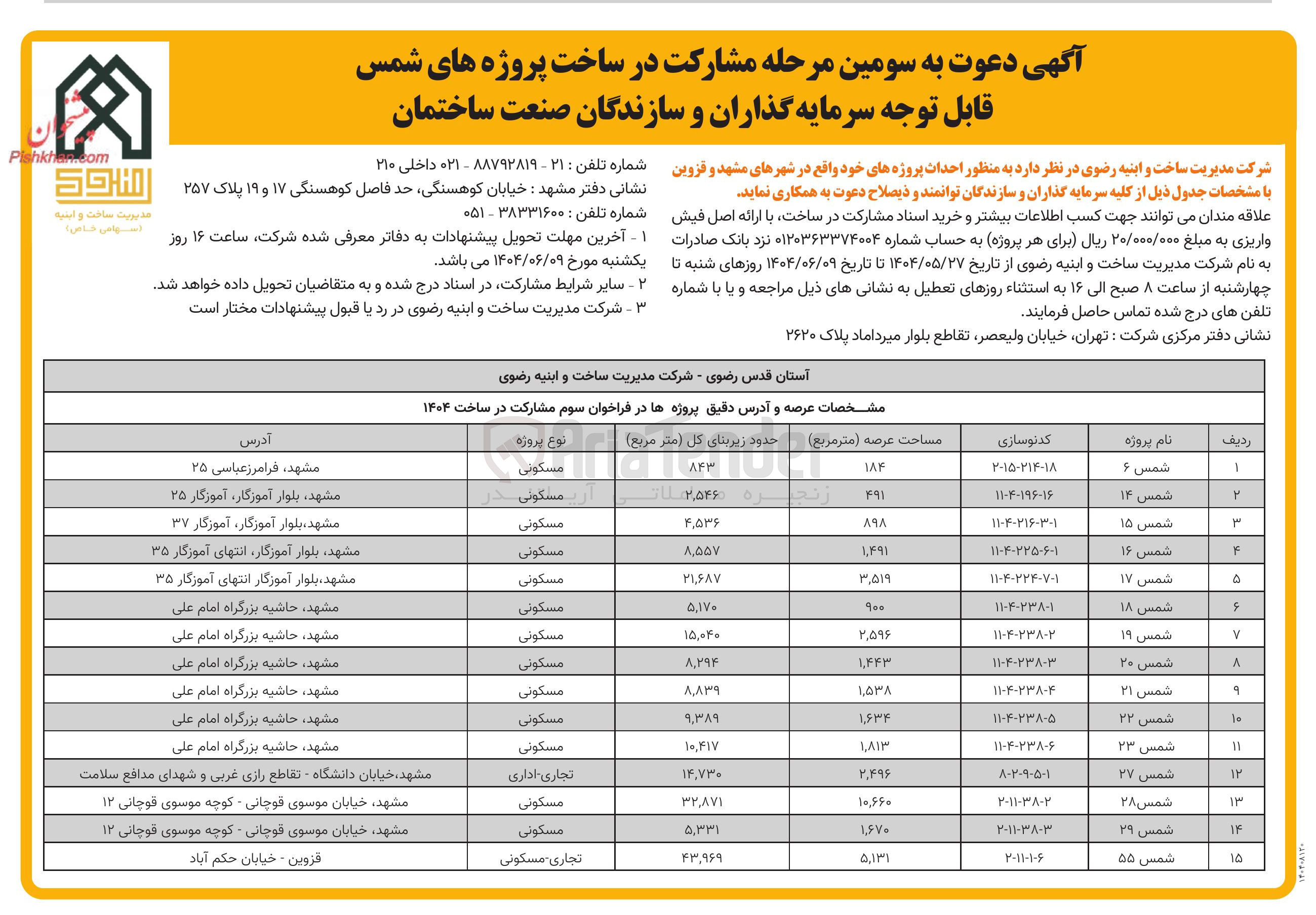تصویر کوچک آگهی مشارکت در ساخت پروژه شمس 15 با کاربری مسکونی