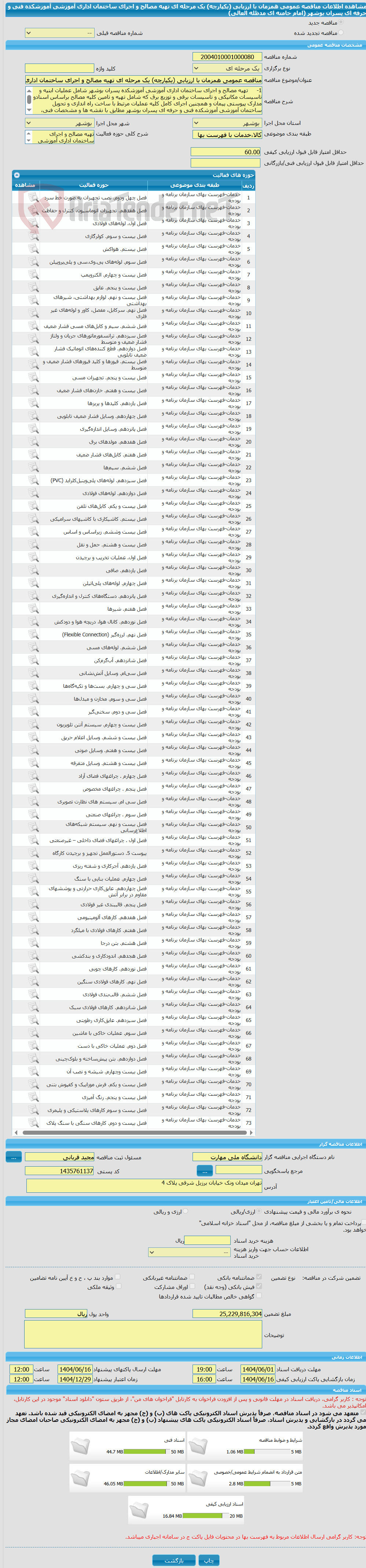 تصویر کوچک آگهی مناقصه عمومی همزمان با ارزیابی (یکپارچه) یک مرحله ای تهیه مصالح و اجرای ساختمان اداری آموزشی آموزشکده فنی و حرفه ای پسران بوشهر (امام خامنه ای مدظله العالی)