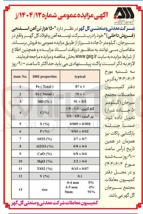 تصویر کوچک آگهی ۱۵۰ هزار تن آهن اسفنجی