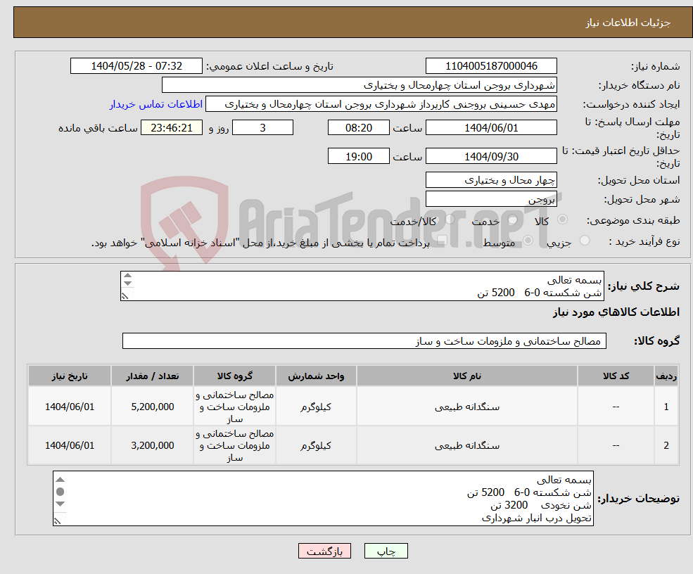 تصویر کوچک آگهی نیاز انتخاب تامین کننده-بسمه تعالی شن شکسته 0-6 5200 تن شن نخودی 3200 تن