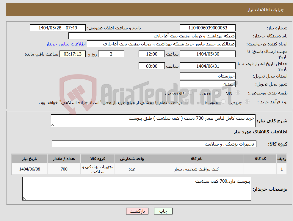 تصویر کوچک آگهی نیاز انتخاب تامین کننده-خرید ست کامل لباس بیمار 700 دست ( کیف سلامت ) طبق پیوست