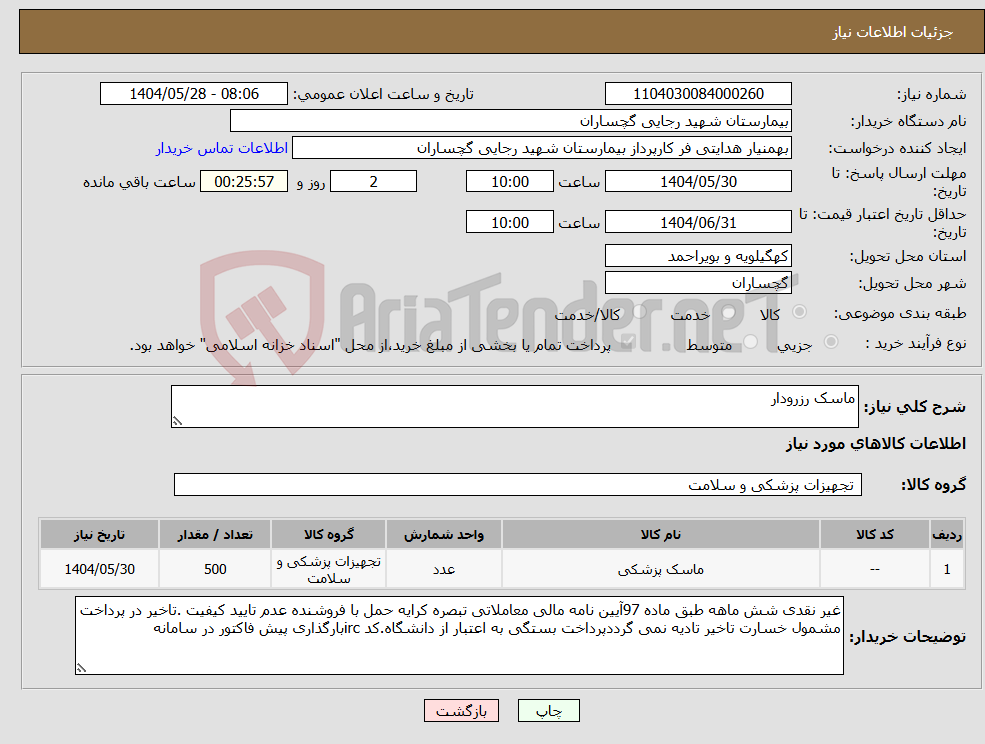 تصویر کوچک آگهی نیاز انتخاب تامین کننده-ماسک رزرودار