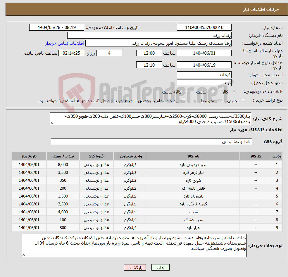 تصویر کوچک آگهی نیاز انتخاب تامین کننده-پیاز3500ک-سیب زمینی8000ک-گوجه2500ک-خیارسبز800ک-سیر100ک-فلفل دلمه200ک-هویج350ک-بادمجان1500ک-سیب درختی 4000کیلو