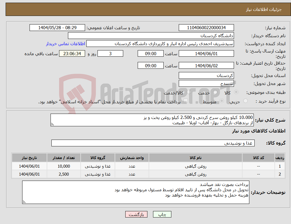 تصویر کوچک آگهی نیاز انتخاب تامین کننده-10،000 کیلو روغن سرخ کردنی و 2،500 کیلو روغن پخت و پز از برندهای نازگل - بهار- آفتاب- اویلا - طبیعت