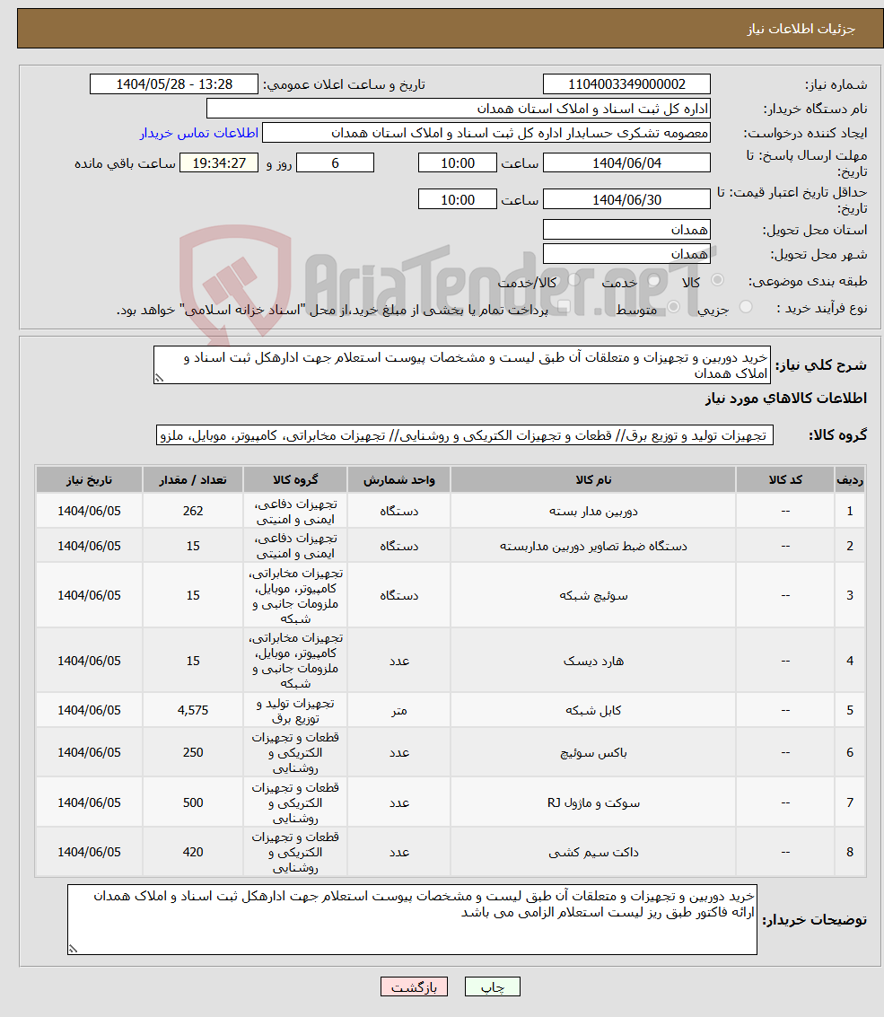 نیاز انتخاب تامین کننده-خرید دوربین و تجهیزات و متعلقات آن طبق لیست و مشخصات پیوست استعلام جهت ادارهکل ثبت اسناد و املاک همدان