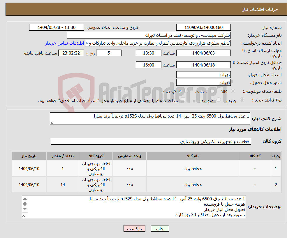 تصویر کوچک آگهی نیاز انتخاب تامین کننده-1 عدد محافظ برق 6500 ولت 25 آمپر- 14 عدد محافظ برق مدل p152S ترجیحاً برند سارا 