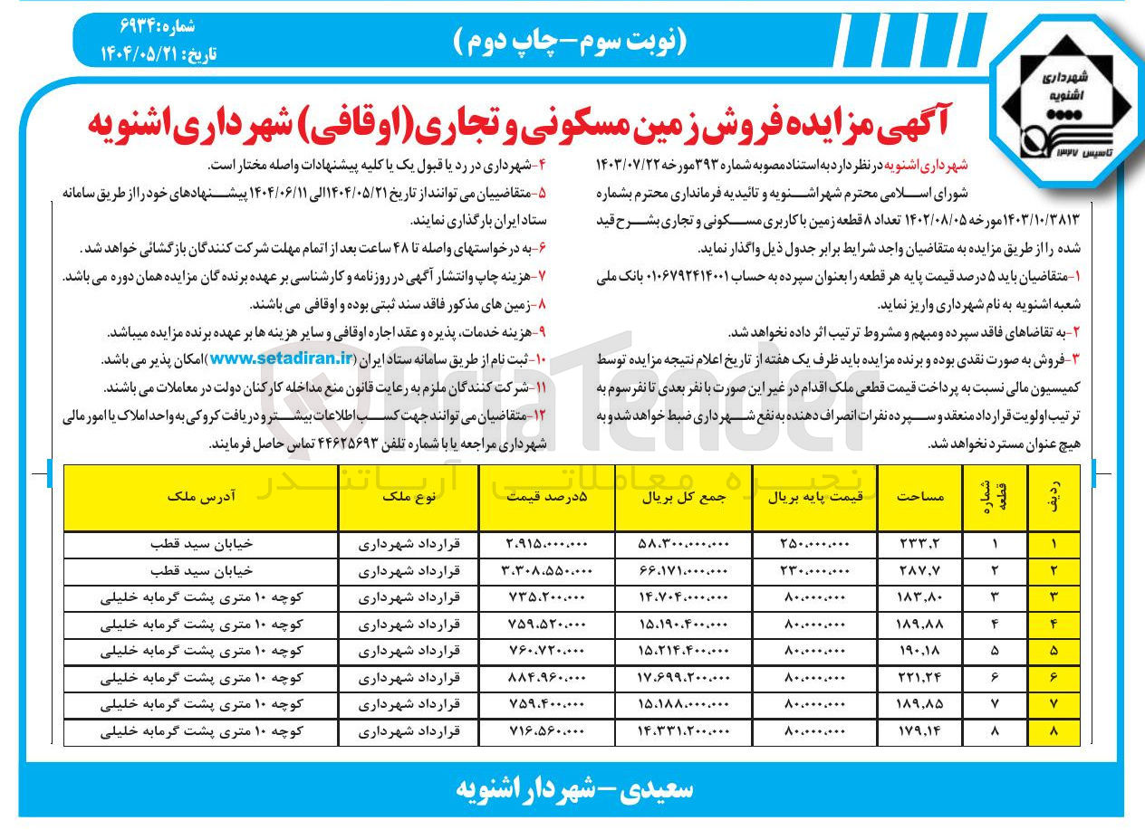 تصویر کوچک آگهی فروش تعداد ۸ قطعه زمین با کاربری مسکونی و تجاری (اوقافی )
