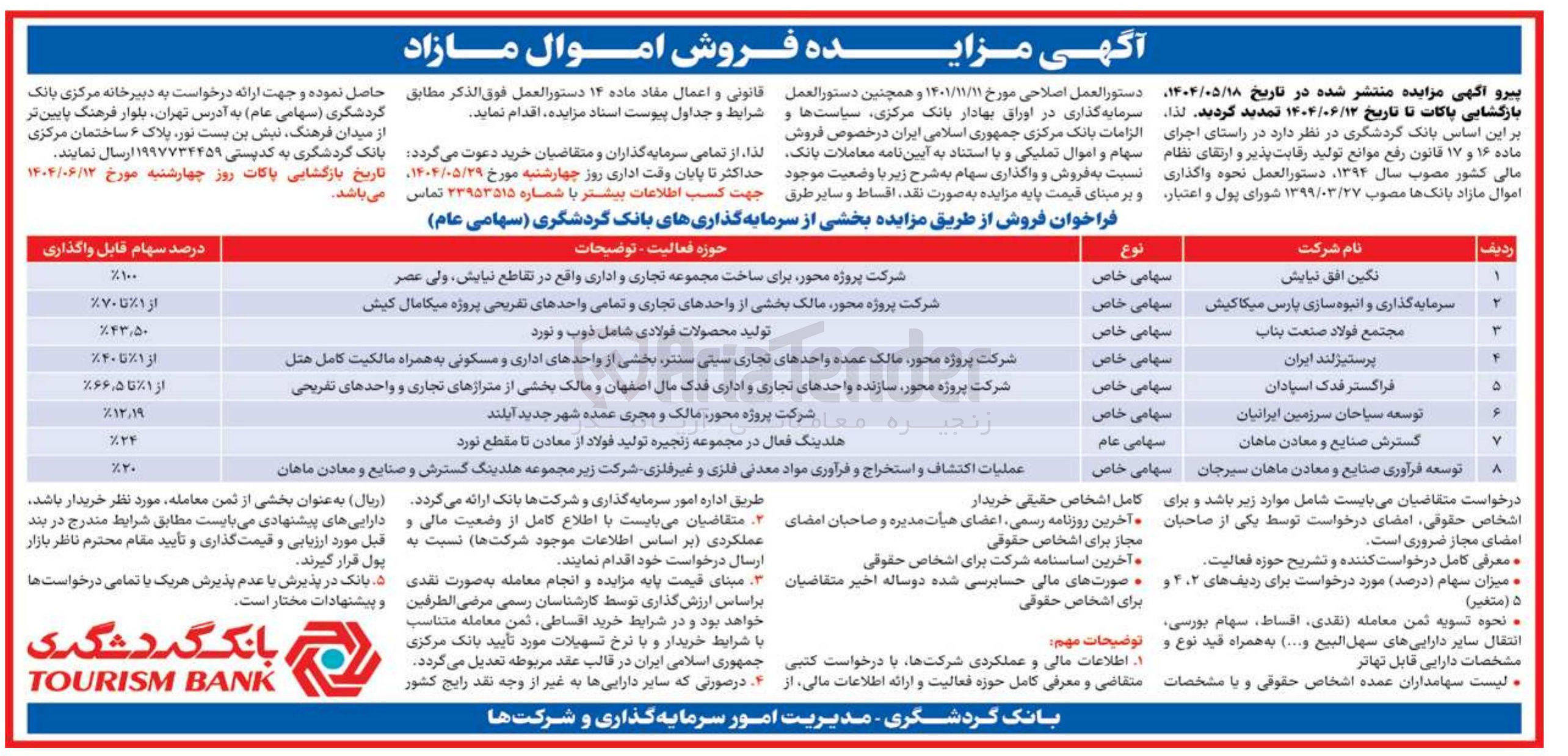 تصویر کوچک آگهی فروش سهام شرکت های نگین افق نیایش - سرمایه گذاری و انبوه سازی پارس میکاکیش - مجتمع فولاد صنعت بناب - پرستیزلند ایران - فراگستر فدک اسپادان - توسعه سیاحان سرزمین ایرانیان - گسترش صنایع و معادن ماهان - توسعه فرآوری صنایع و معادن ماهان سیرجان 