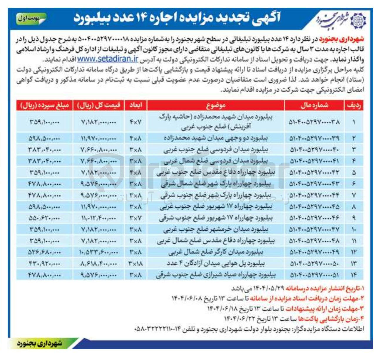 تصویر کوچک آگهی اجاره ۱۴ عدد بیلبورد