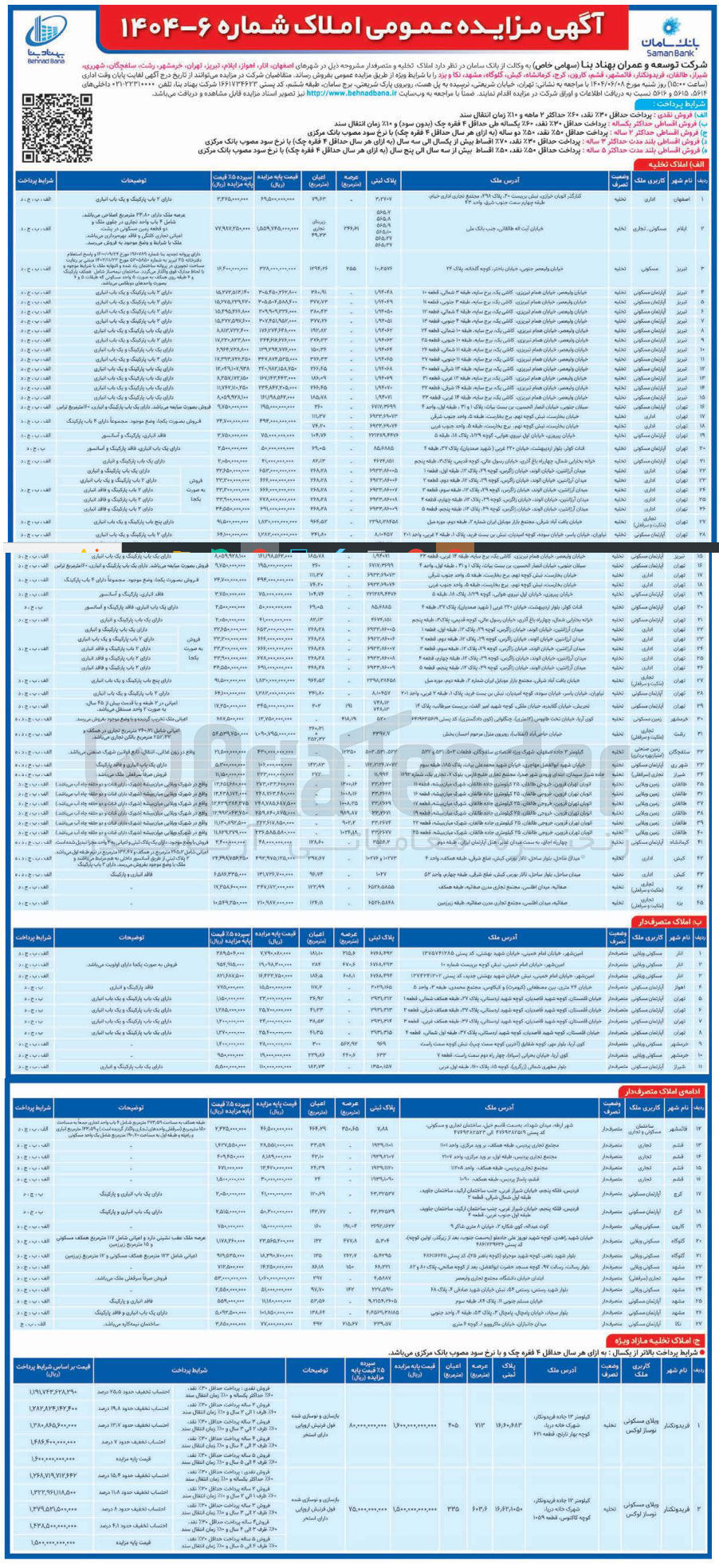 تصویر کوچک آگهی فروش املاک تخلیه و متصرفدار در شهرهای اصفهان - انار - اهواز - ایلام - تبریز - تهران - خرمشهر - رشت - سلفچگان - شهرری - شیراز - طالقان - فریدونکنار - قائمشهر - قشم - کارون - کرج - کرمانشاه - کیش - گلوگاه - مشهد - نکا - یزد در 74 ردیف با کاربری اداری - مسکونی - تجاری - صنعتی - ویلایی