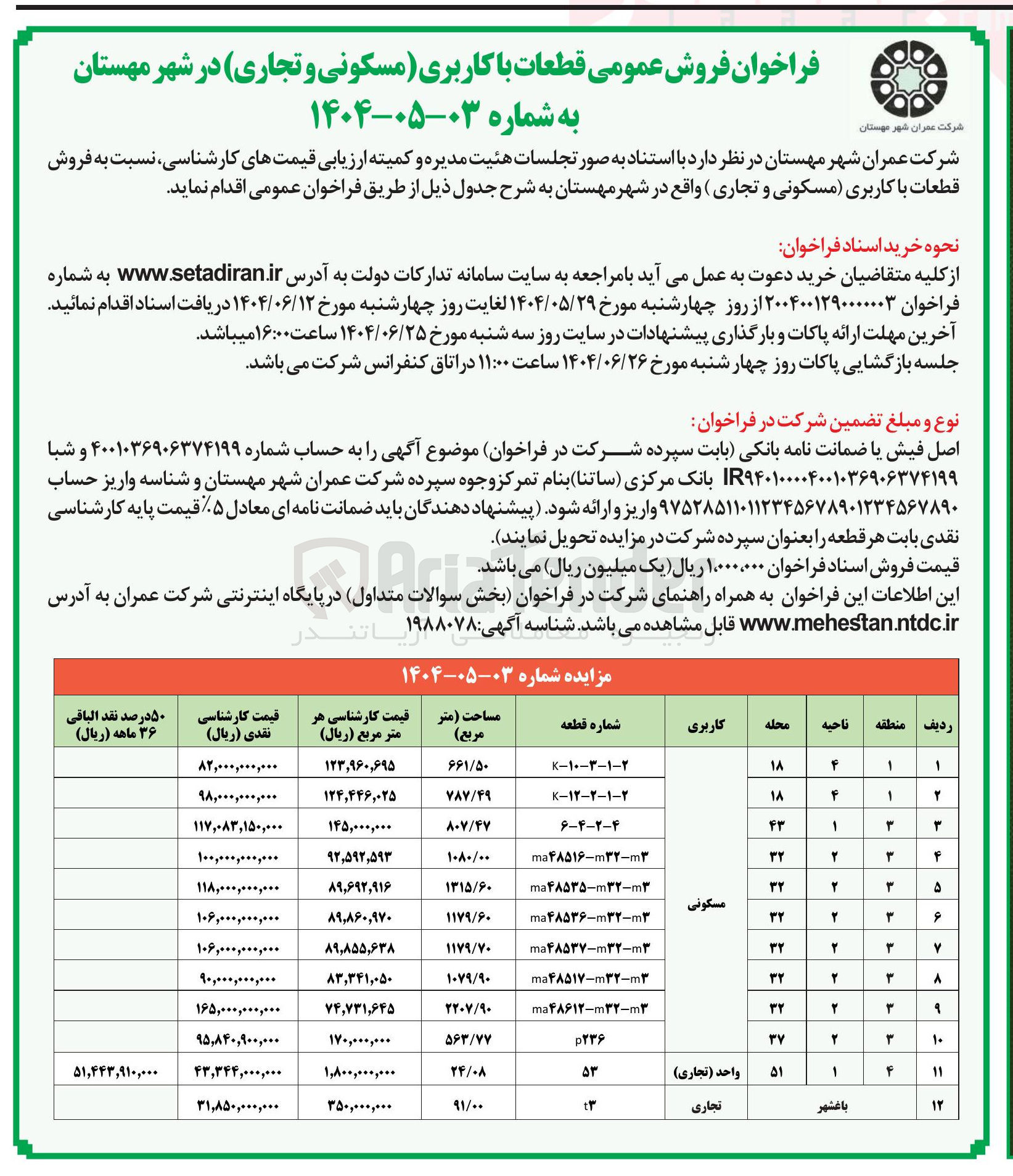 تصویر کوچک آگهی فروش عمومی قطعات با کاربری (مسکونی و تجاری)