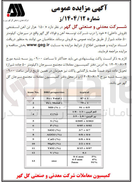 تصویر کوچک آگهی فروش ۱۵۰ هزار تن آهن اسفنجی فروش داخلی