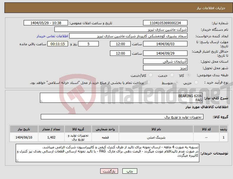 تصویر کوچک آگهی نیاز انتخاب تامین کننده-BEARING 6206 FAG