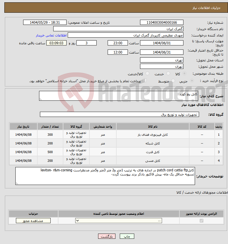 تصویر کوچک آگهی نیاز انتخاب تامین کننده-کابل پچ کورد
