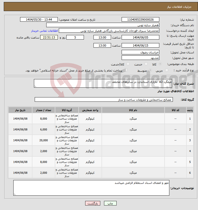 تصویر کوچک آگهی نیاز انتخاب تامین کننده-میلگرد A3 داراری استاندارد در سایزهای مختلف 