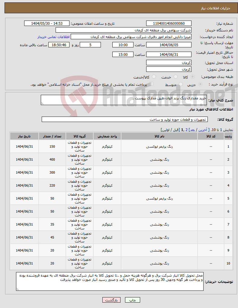 تصویر کوچک آگهی نیاز انتخاب تامین کننده-خرید مقداری رنگ برند الوان،طبق مدارک پیوست .