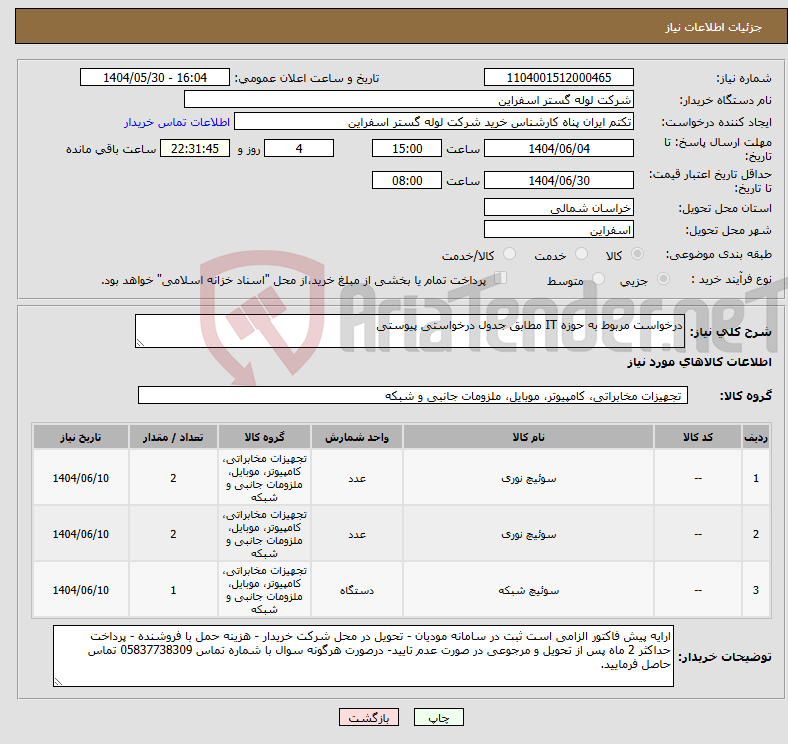 تصویر کوچک آگهی نیاز انتخاب تامین کننده-درخواست مربوط به حوزه IT مطابق جدول درخواستی پیوستی