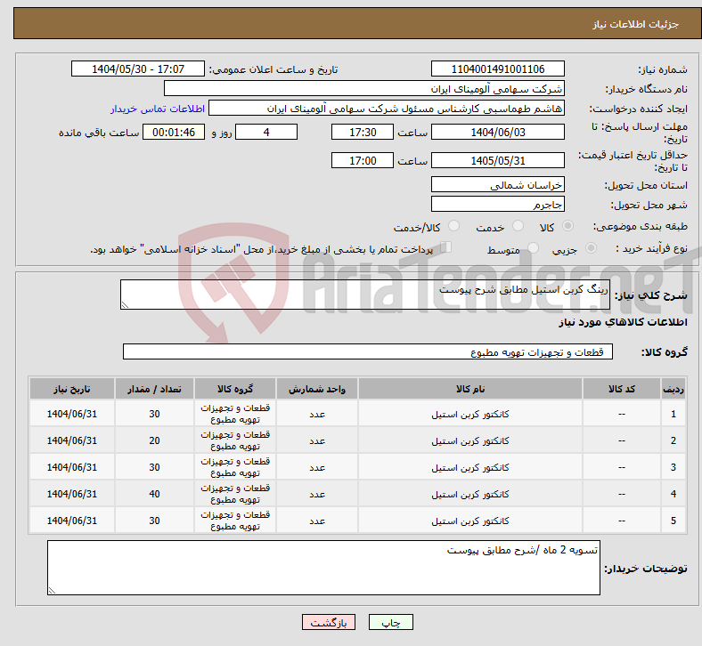 تصویر کوچک آگهی نیاز انتخاب تامین کننده-رینگ کربن استیل مطابق شرح پیوست 