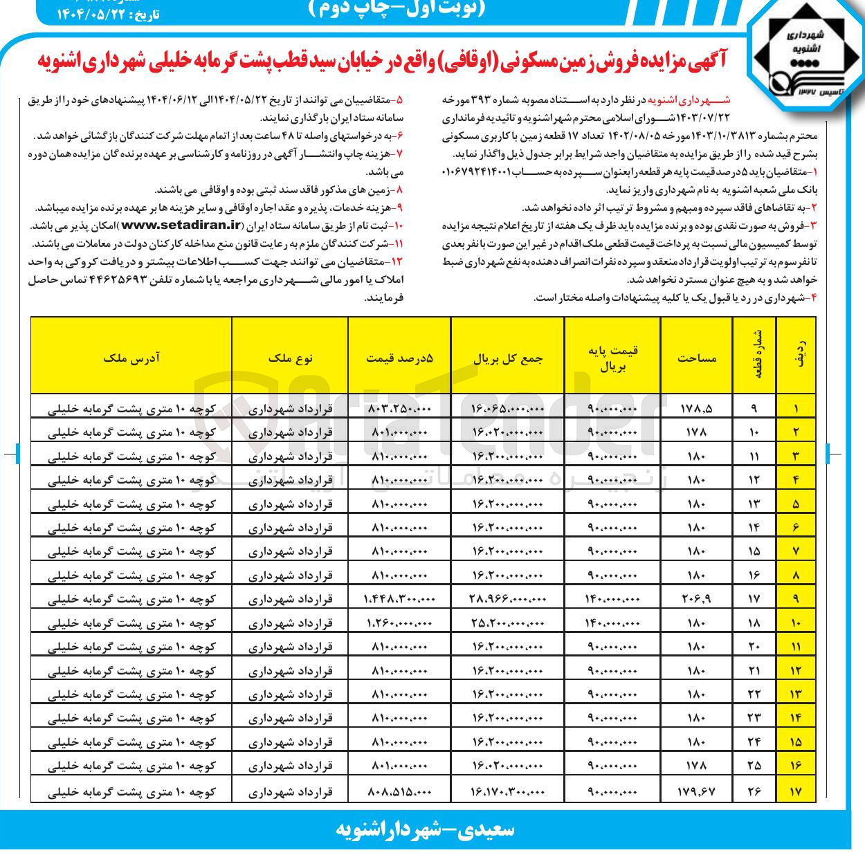 تصویر کوچک آگهی فروش زمین مسکونی