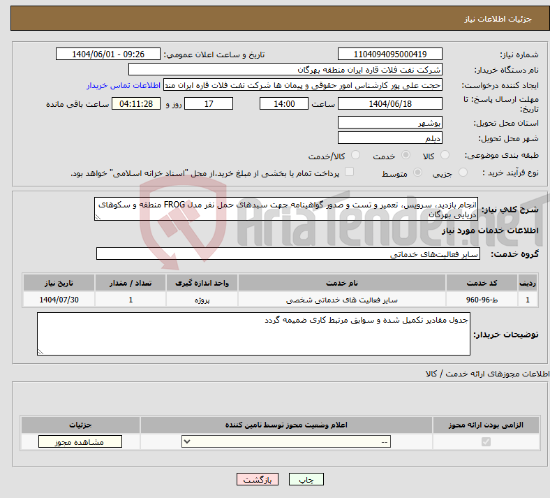 تصویر کوچک آگهی نیاز انتخاب تامین کننده-انجام بازدید، سرویس، تعمیر و تست و صدور گواهینامه جهت سبدهای حمل نفر مدل FROG منطقه و سکوهای دریایی بهرگان