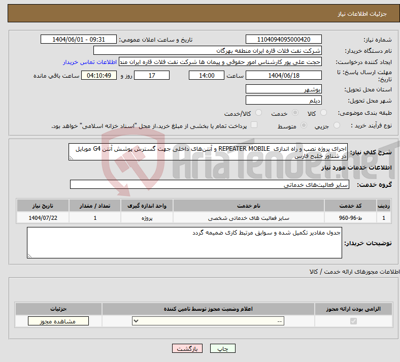 تصویر کوچک آگهی نیاز انتخاب تامین کننده-اجرای پروژه نصب و راه اندازی REPEATER MOBILE و آنتنهای داخلی جهت گسترش پوشش آنتن G4 موبایل در شناور خلیج فارس