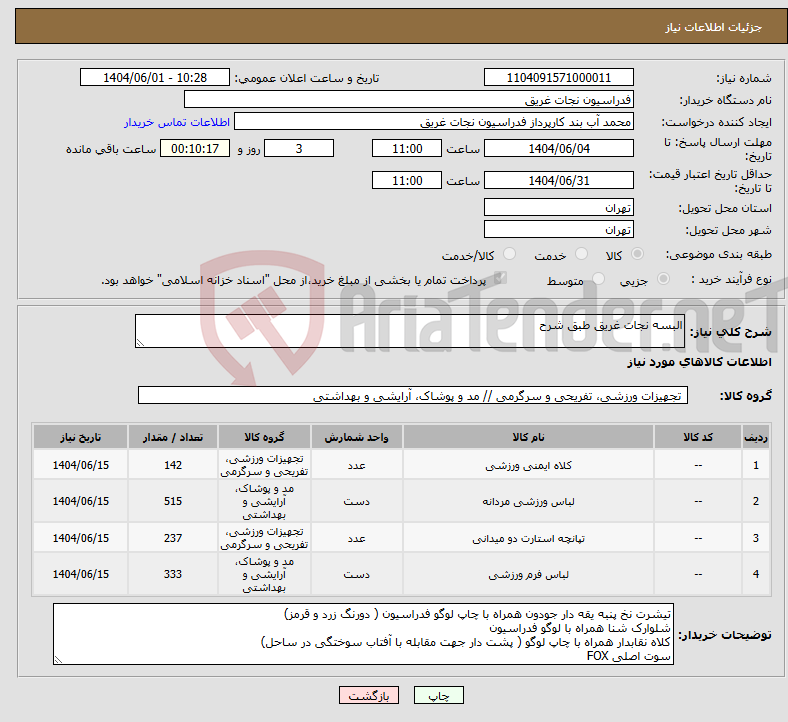 تصویر کوچک آگهی نیاز انتخاب تامین کننده-البسه نجات غریق طبق شرح