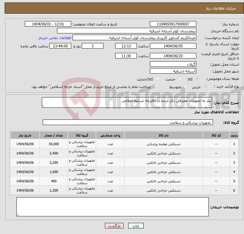 تصویر کوچک آگهی نیاز انتخاب تامین کننده-نیاز به تجهیزات مصرفی ذکر شده در دفترچه شرایط اعلامی