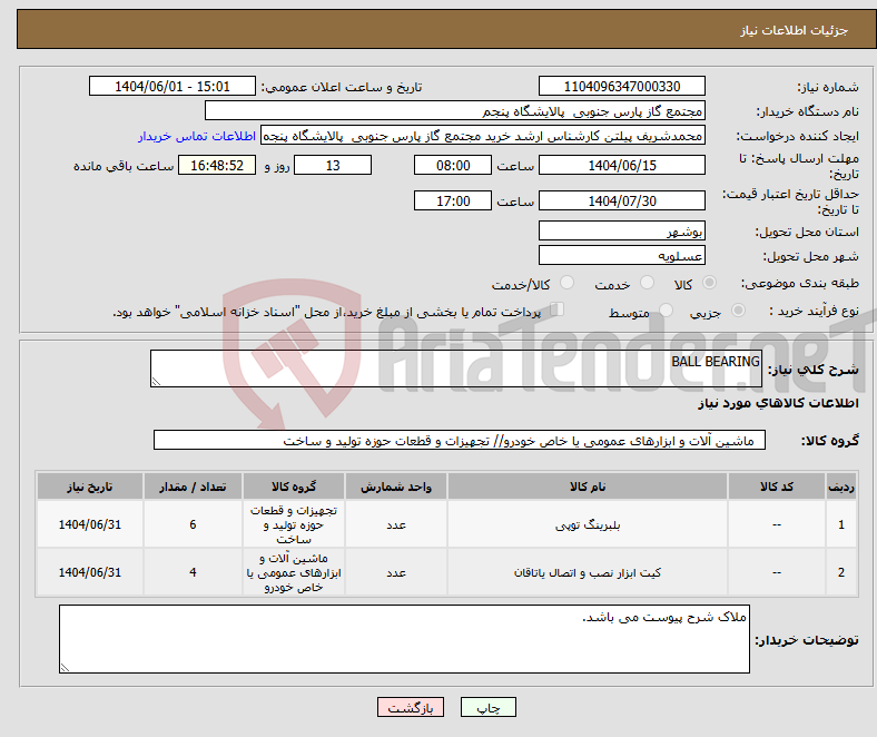 تصویر کوچک آگهی نیاز انتخاب تامین کننده-BALL BEARING
