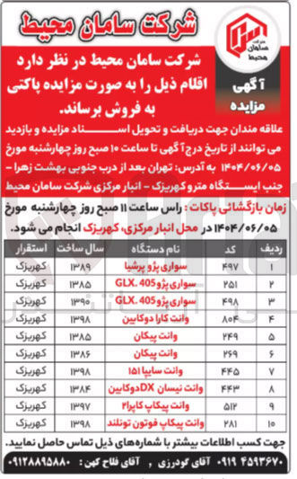 تصویر کوچک آگهی فروش اقلام در 10 ردیف شامل سواری پژو پرشیا - سواری پژو 405 GLX - وانت کارا دوکابین - وانت پیکان - وانت سایپا ۱۵۱ - وانت نیسان DX دوکابین - وانت پیکاپ کاپرا - وانت پیکاپ فوتون تونلند 