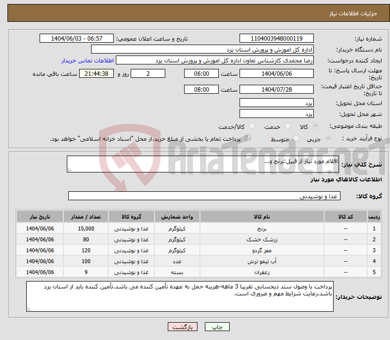 تصویر کوچک آگهی نیاز انتخاب تامین کننده-اقلام مورد نیاز از قبیل:برنج و...