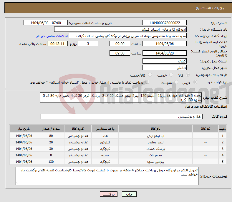 تصویر کوچک آگهی نیاز انتخاب تامین کننده-تعداد 5 قلم کالا مواد غذایی(1- آبلیمو 120 لیتر2-لیمو خشک 20 ک 3- زرشک قرمز 30 ک 4-خمیر مایه 80 ک 5- سویا 130 ک)