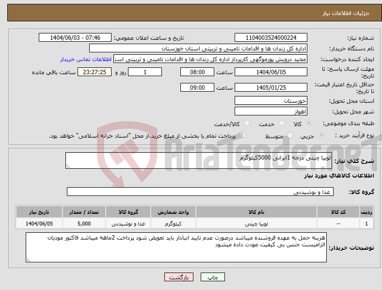 تصویر کوچک آگهی نیاز انتخاب تامین کننده-لوبیا چیتی درجه 1ایرانی 5000کیلوگرم