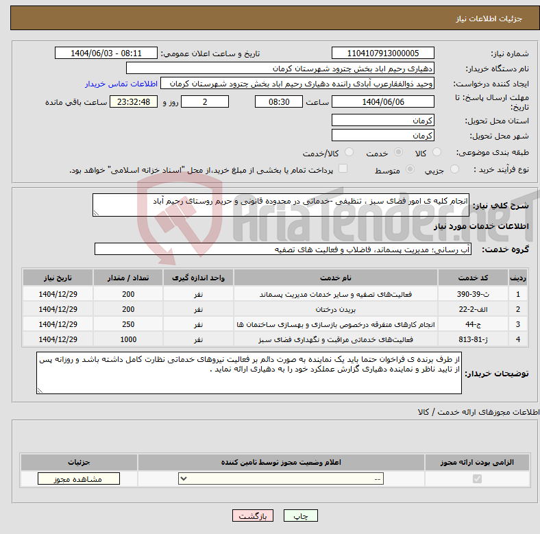 تصویر کوچک آگهی نیاز انتخاب تامین کننده-انجام کلیه ی امور فضای سبز ، تنظیفی -خدماتی در محدوده قانونی و حریم روستای رحیم آباد