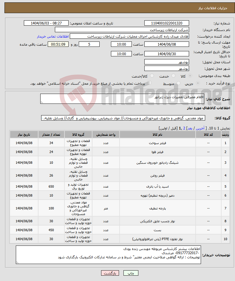 تصویر کوچک آگهی نیاز انتخاب تامین کننده-اقلام مصرفی تعمیرات دیزل ژنراتور