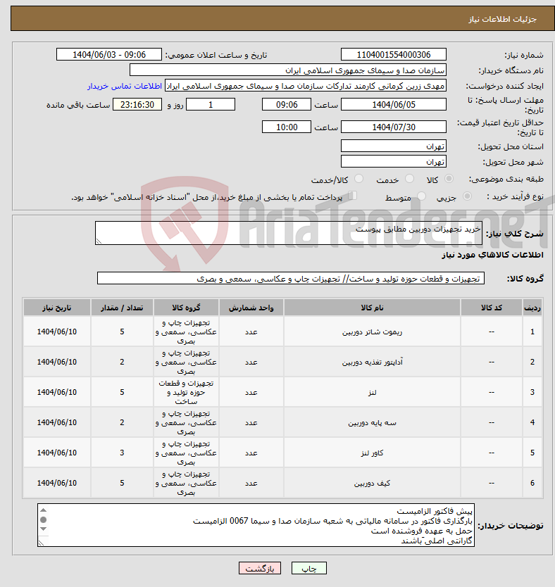 تصویر کوچک آگهی نیاز انتخاب تامین کننده-خرید تجهیزات دوربین مطابق پیوست