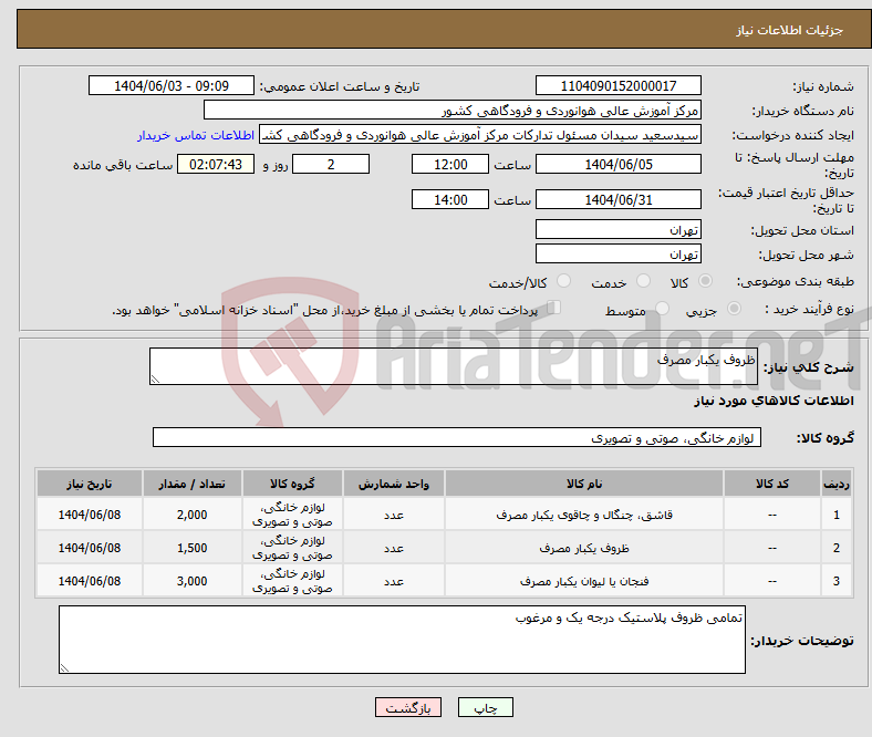 تصویر کوچک آگهی نیاز انتخاب تامین کننده-ظروف یکبار مصرف