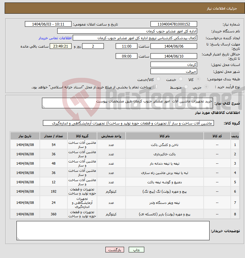 تصویر کوچک آگهی نیاز انتخاب تامین کننده-خرید تجهیزات ماشین آلات امور عشایر جنوب کرمان طبق مشخصات پیوست 